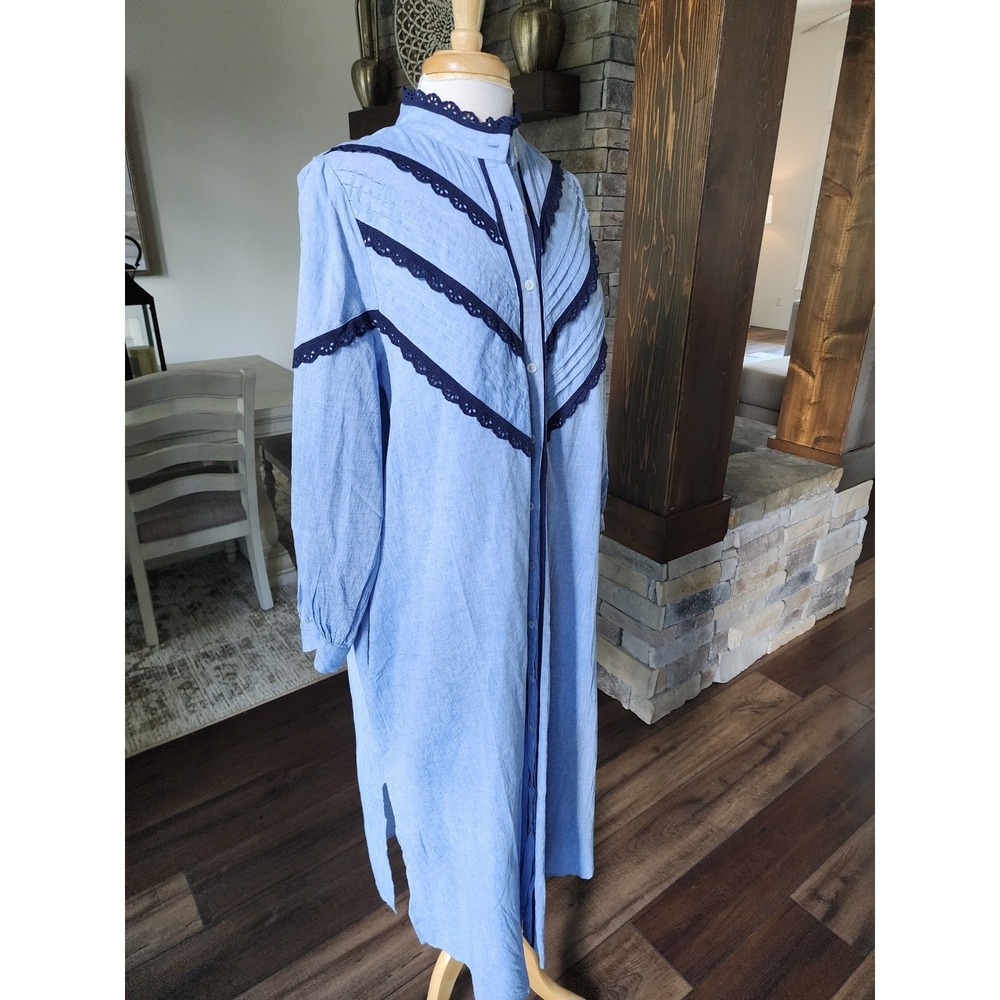 Tuckernuck Jolene Shirt Dress Blue Cotton Linen Lace Trim Pintuck Midi Dress XL - Picture 4 of 9